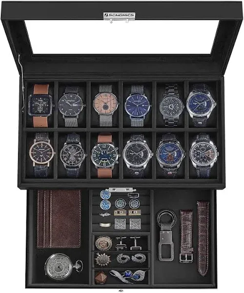 Watch Box 12 Mens Watch Organizer Jewelry Display Case Lock Keys Black