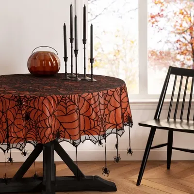 Elrene Crawling Halloween Spider Lace Lined 60 in. W x 84 in. L Black/Orange Tablecloth