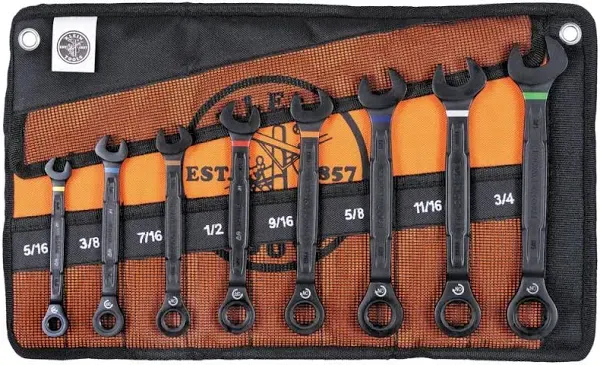 Klein Tools 69408G 90-Tooth Ratcheting Box Wrench Set, SAE, 8 Pc.