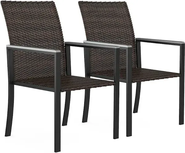 Set of 2 Stackable Outdoor Wicker Patio Dining Chairs Armchair with Armrests