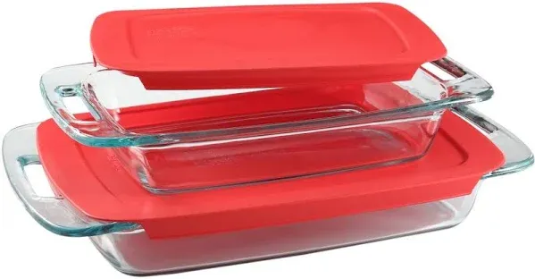 Pyrex Easy Grab 4-piece Rectangular Glass Bakeware Set with Red Lids