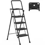 HBTower KQ0004-BK 4 Step Ladder, Folding Step Stool with Tool Platform, Wide Anti-Slip Pedal, Sturdy Steel Ladder, Convenient Handgrip