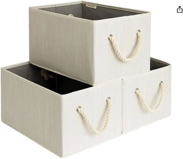 StorageWorks Decorative Storage Bins for Shelves, Closet Storage Baskets with PU Handles, Hand Wash, Canvas, Ivory White, 3-Pack