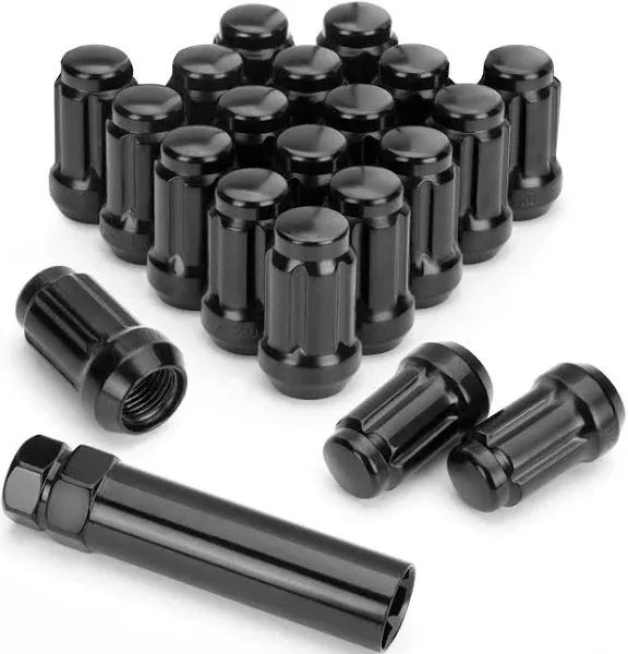 20pc 12x1.5 Lug Nuts With Key | Cone Seat | Black Spline Short Open End