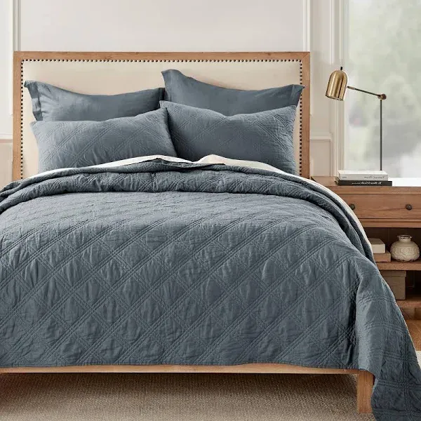 Washed Linen Navy Quilted Linen Front/Cotton Back 36 in. x 20 in. King Sham