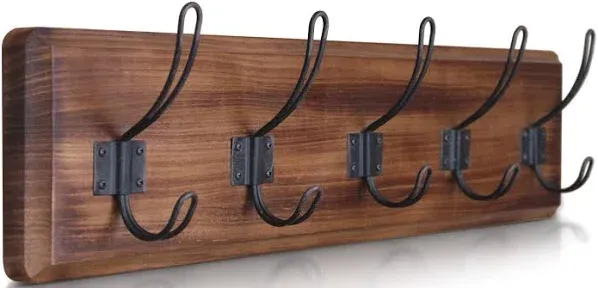 HBCY Creations Dark Wash Brown Rustic Coat Rack Wall Mount with 5 Hooks, Solid Pine Wood 24 inch Wall Hooks for Entryway, Mudroom, Hallway, Bathroom - Vintage Farmhouse Style Wall Mounted Towel Rack