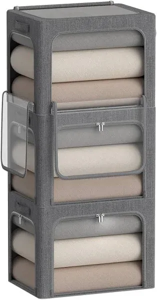 3 Openings Clothes Storage Bins Box - 3Pack Stackable Foldable Storage Bin - Metal Frame Storage Box Clothing Storage Organizer with Clear Window, Carry Handles (36L-15.7x11.8x11.8in, Drak Grey)