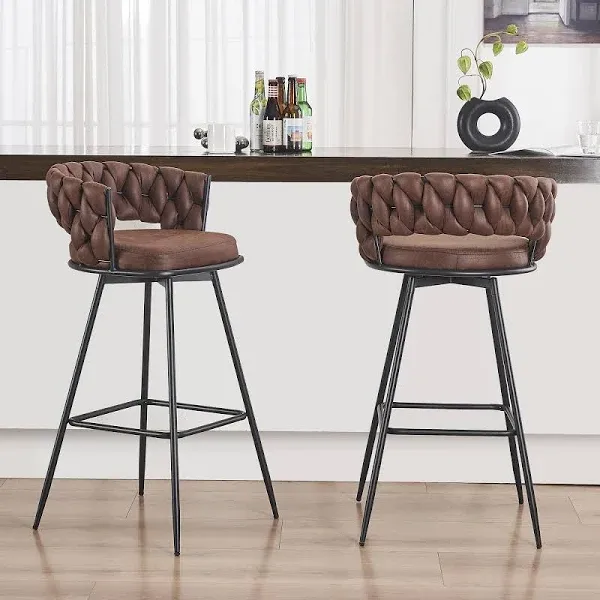 Barstools Bar Height Set of 2, 360°Swivel Bar Stools 30" Stool Chair Suede Fabric Modern Woven Design Bar Chairs with Back and Footrest for Kithcen Cafe Pub, Brown