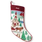 Land&#039;s End Christmas Stocking Needlepoint Red Patchwork Style Monogrammed “?”