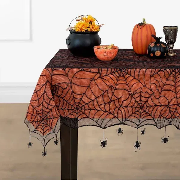 Halloween Black Lace Spider Tablecloth With Orange Vinyl Liner 60 x 84 Oblong 