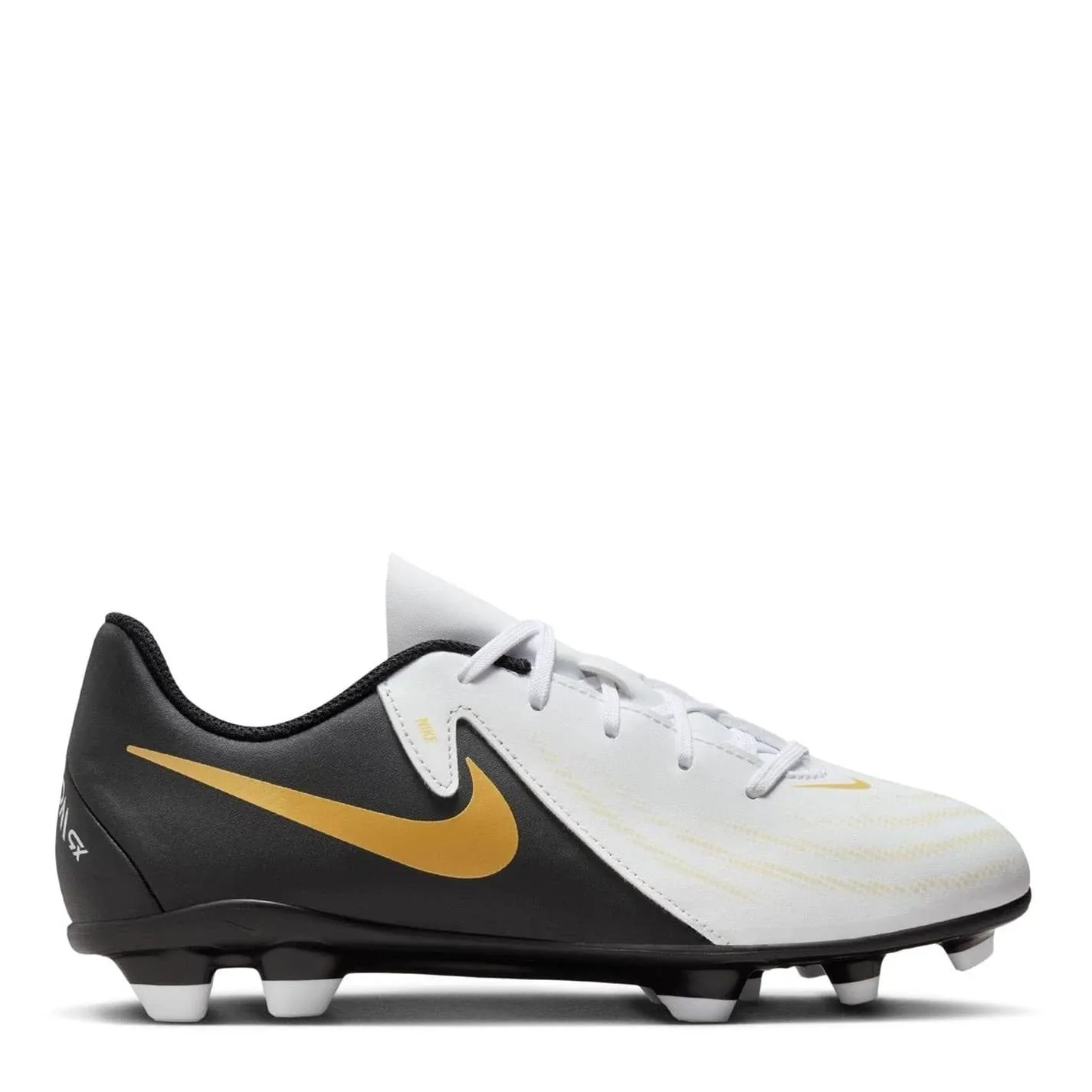 Nike Phantom GX II Club Junior Firm Ground Football Boots - Unisex - White/Blk/Gold - 5.5