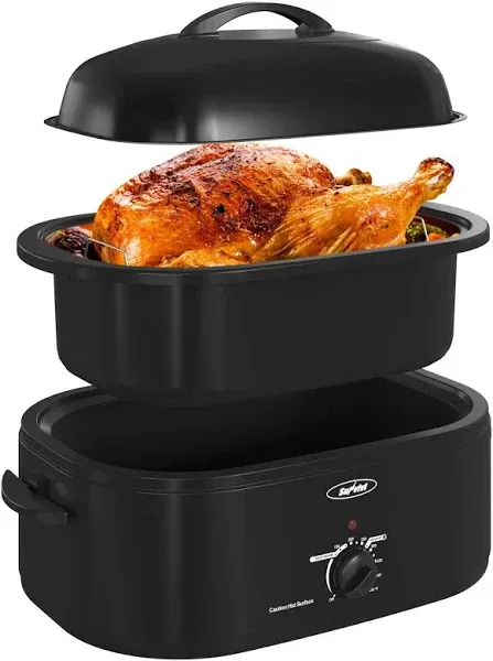 Royalcraft Roaster Oven with Self-Basting Lid, 18qt Electric Roaster with Removable Pan & Rack, Turkey Roaster Oven with Defrost & Warm Function, Stainless Steel, Black