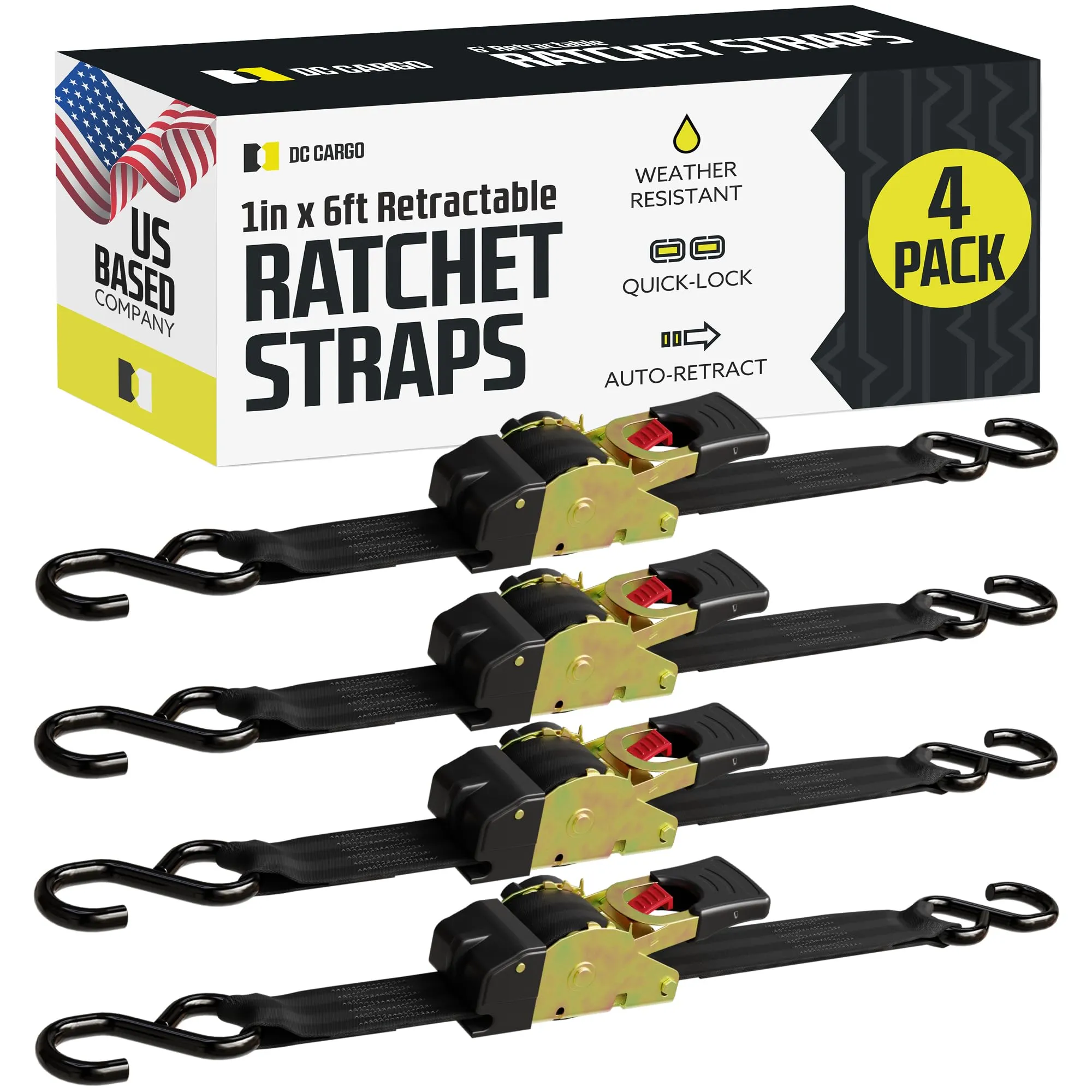 1" x 6' Retractable Ratchet Straps 4 Pack