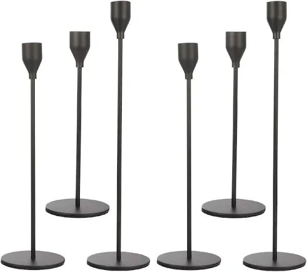 Candlestick Holders | Black | Set of 6 | Metal with Matte Finish | 3 Different Sizes | Taper Candles Included | Decorative Centerpiece for Wedding, Christmas, Fireplace Mantel, Dining Table