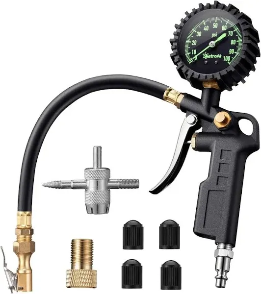 AstroAI Tire Pressure Gauge with Inflator, 100 PSI-ANSI B40.1 Accurate, Large 2.5" Easy Read Glow Dial, Heavy Duty Air Chuck and Compressor Accessories with Rubber Hose and Quick Connect Coupler