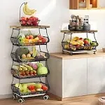 Fruit Basket for Kitchen with Wood Top 5 Tier, Stackable Fruit and Vegetable Sto