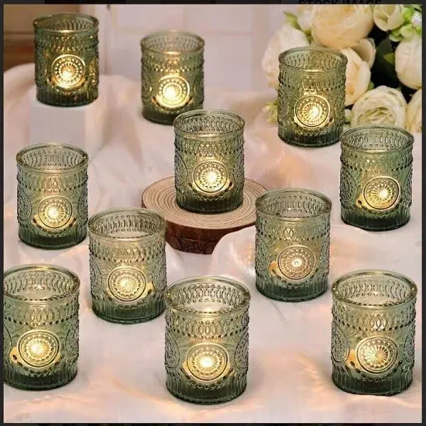 DARJEN Green Votive Candle Holders Set of 36- Glass Candle Holders Bulk for Flameless LED Tea Waxes, Tea Light Candle Holder for Wedding & Home