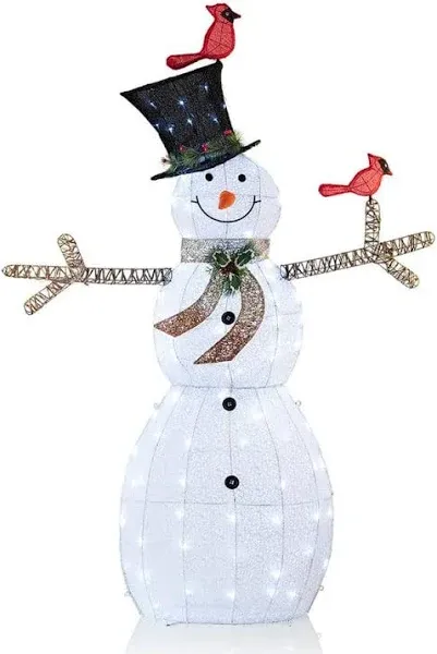 74 in. Tall Mesh Snowman Decor with Red Birds and Cool White LED Lights