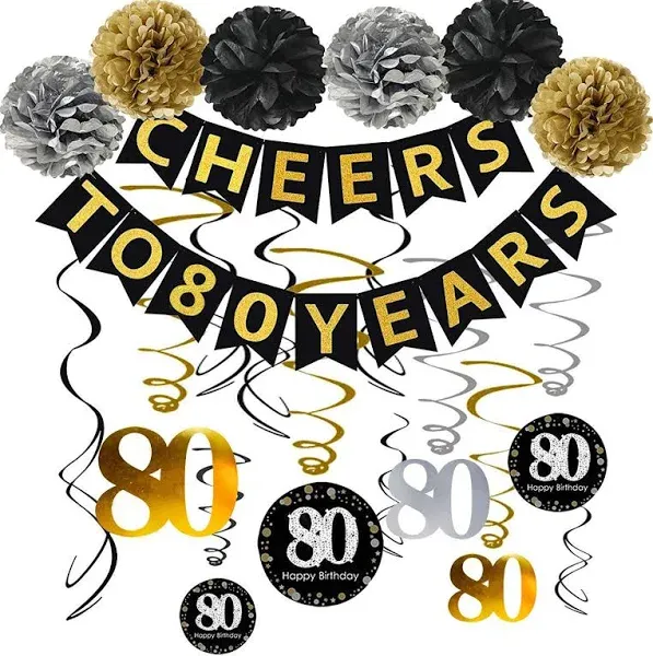 Famoby 65th Birthday Party Decorations Set- Gold Glittery Cheers to 65 Years Banner,Poms,12Pcs Sparkling 65 Hanging Swirls for 65th Birthday Decorations 65 Years Old Party Supplies