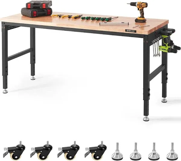 VEVOR Adjustable Workbench, 72&#034; L X 25&#034; W Garage Worktable with Universal Wheels