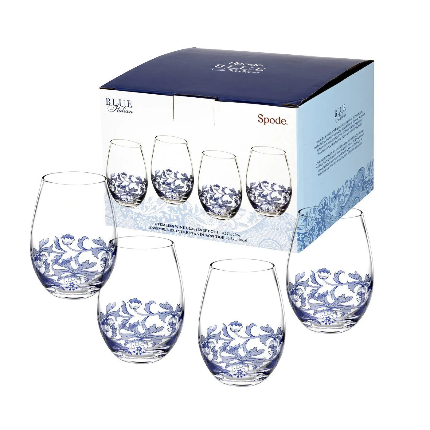 Portmeirion Spode Blue Italian Stemless Wine Glasses | Set of 4 | 19-Ounce Capacity | Red or White Wine Glass | Tumblers for Water, Cocktails, and Other Beverages