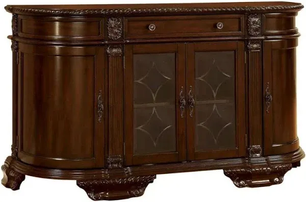 Benjara 66 Inch Traditional Buffet Server with Glass Cabinet and Side Cabinets