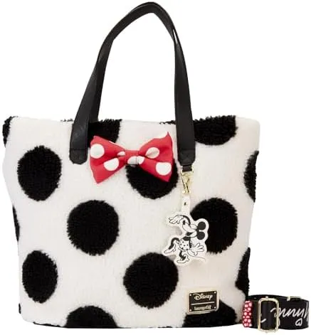 Loungefly Disney Minnie Mouse Black and White Polka Dot Sherpa Tote Bag