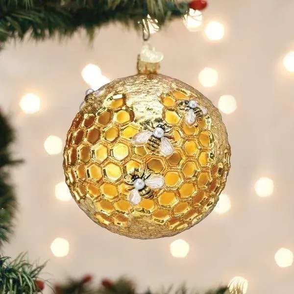 Old World Christmas Hanging Mouth-Blown Glass Ornament for Trees, Bee Blessed Round Ball, 3.5"