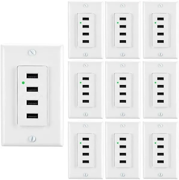 LEOD 4.2A Output High Speed 4 USB Port Charger Wall Outlet and LED Blue Indicator Light with 2 TypesWall Plates(Standard and screwless Included), USB Outlet with 4 USB Port, White,UL Listed[1 Pack]