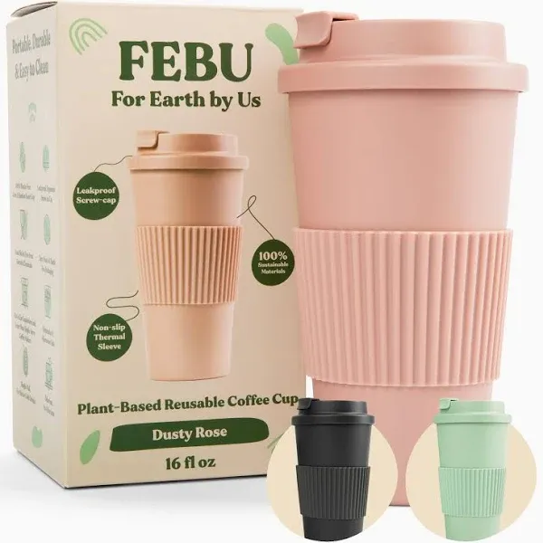 FEBU Plant-Based Reusable Coffee Cup with Lid and Sleeve | 16oz, Dusty Rose | Portable Travel Mug made from Bamboo | Dishwasher Safe, Zero Waste, Plastic Free with Leak-Proof Screw-on Lid