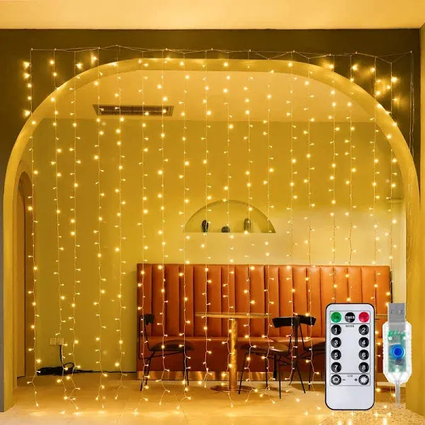 Ollny Curtain Lights Indoor 300LED 9.8Ftx9.8Ft, Outdoor Waterproof Curtain Strin