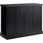 Homcom Fluted-Style Wooden Kitchen Island Storage Cabinet with Drawer Open Shelving and Interior Shelving - Black