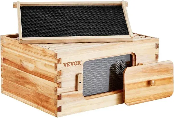 VEVOR Bee Hive Deep Box Starter Kit, 100% Beeswax Coated Natural Cedar Wood, Langstroth Beehive Kit with 10 Frames and Foundations, Transparent