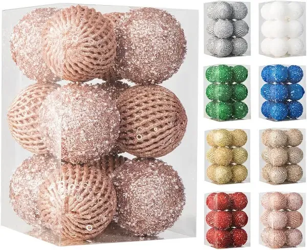 12-Pack 3.15 inch Glitter Sequin Foam Ball Ornaments - Shatterproof Christmas Tree Decorations for Holidays and Parties (White, 8cm)