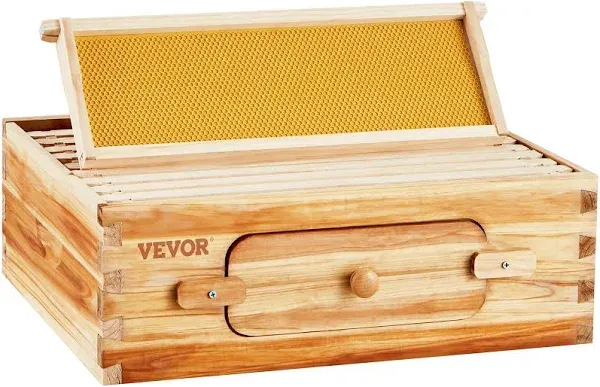 VEVOR Bee Hive Deep Box Starter Kit, 100% Beeswax Coated Natural Cedar Wood, Langstroth Beehive Kit with 10 Frames and Foundations, Transparent Acrylic Bee Windows for Beginners and Pro Beekeepers