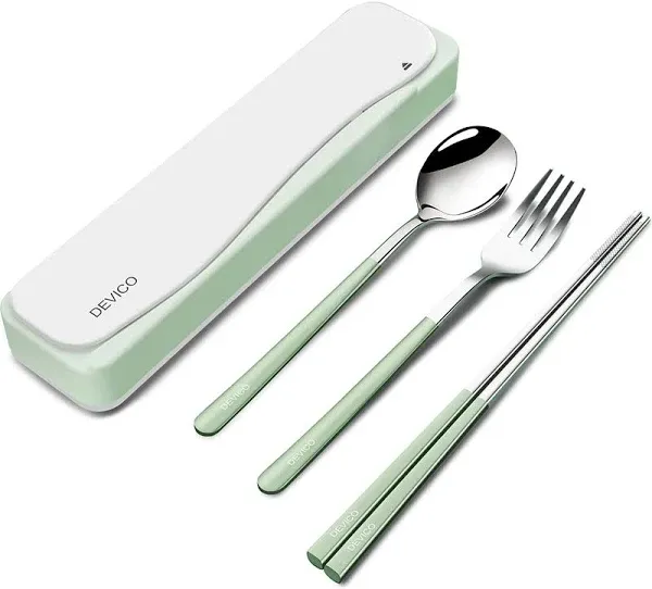 DEVICO Travel Utensils, 18/8 Stainless Steel 4pcs Cutlery Set Portable Camp Reusable Flatware Silverware, Include Fork Spoon Chopsticks with Case (Red)