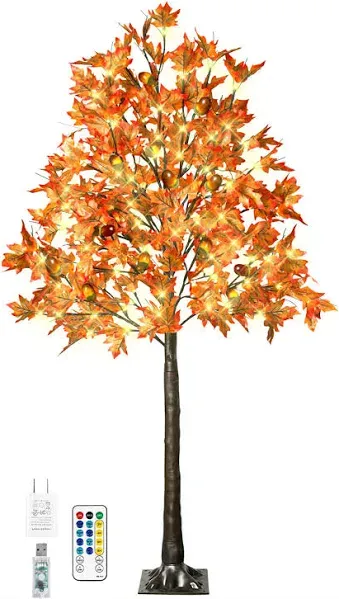 6FT 130 LED Lighted Maple Tree - Thanksgiving Decor Artificial Fall Tree with...