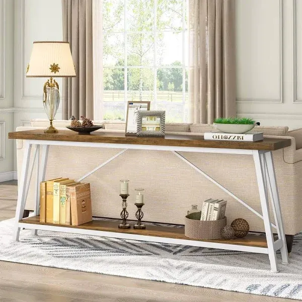 LITTLE TREE 70.9 Inch Industrial Entryway Console Sofa Table, Long, Light Grey + White