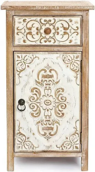 30.125 in. H Natural Wood Floral Carved 1-Door Accent Table