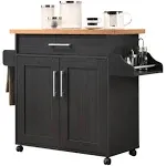 Hodedah Imports Kitchen Island with Spice Rack and Towel Holder, Black