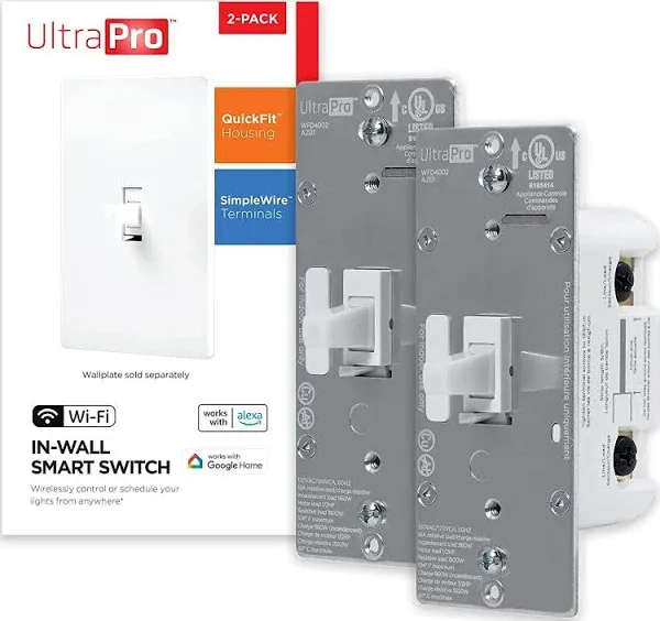 UltraPro Smart Switch, 2.4GHz Wi-Fi Smart Light Switch, QuickFit & SimpleWire, 3 Way Switch, Works with Alexa, Google Assistant, No Hub Needed, UL Certified, Needs Neutral Wire, White, 2 Pack, 51439