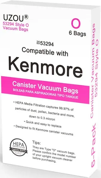 Kenmore 53294 6 Pack Type O HEPA Vacuum Bags for Upright Vacuums