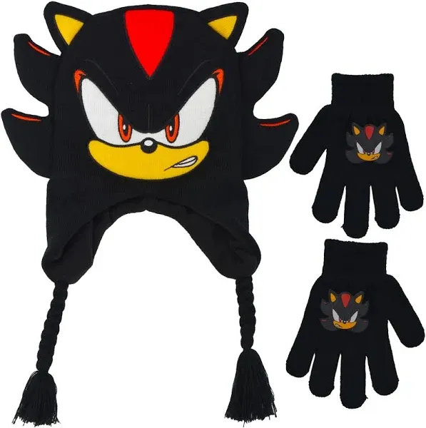 Sonic Shadow The Hedgehog Kids Boys Winter Beanie Hat  Gloves Set Authentic SEGA