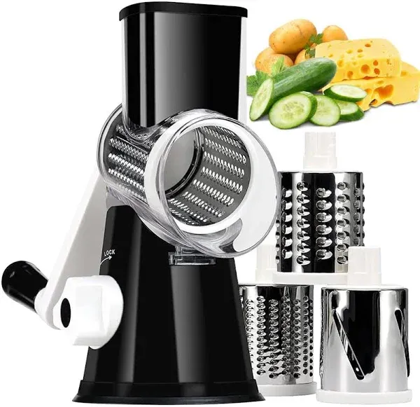 Rotary Cheese Grater w/ 3 Blades for Cheese Veggies Nuts &amp; Chocolate - Black