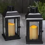 Outdoor Black Solar Candle Lanterns, 11" Height, Warm White LEDs, Dusk