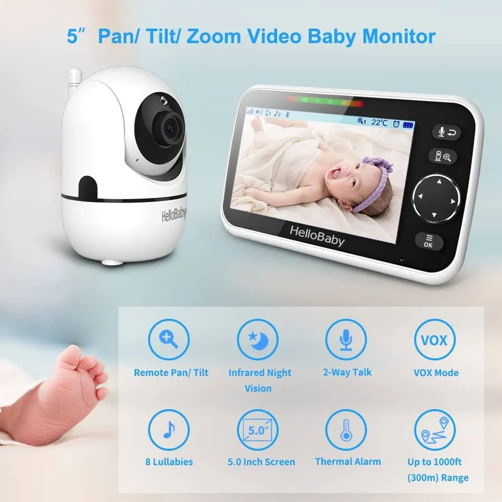 HelloBaby HB6550 5\" Baby Monitor 4 Cameras 26-Hour Battery Pan-Tilt-Zoom 1000ft Range