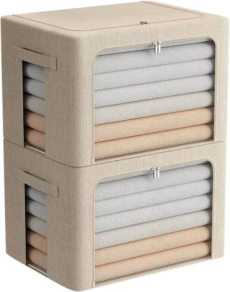 Extra Large Clothes Storage Bins - Foldable Metal Frame Storage Box - Stackable Linen Fabric Box Organizer Set with Carrying Handles and Clear Window -100L(Beige, 23.6x 16.5x 15.7 Inch)