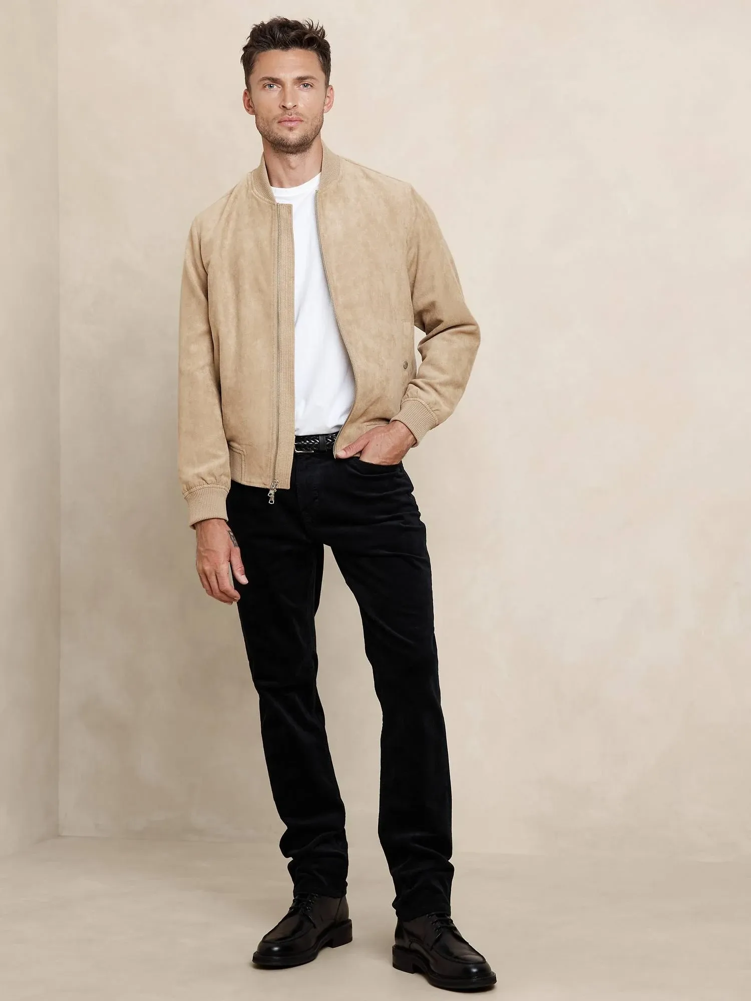 Banana Republic Factory Men's Vegan Suede Bomber Stone Regular Size M