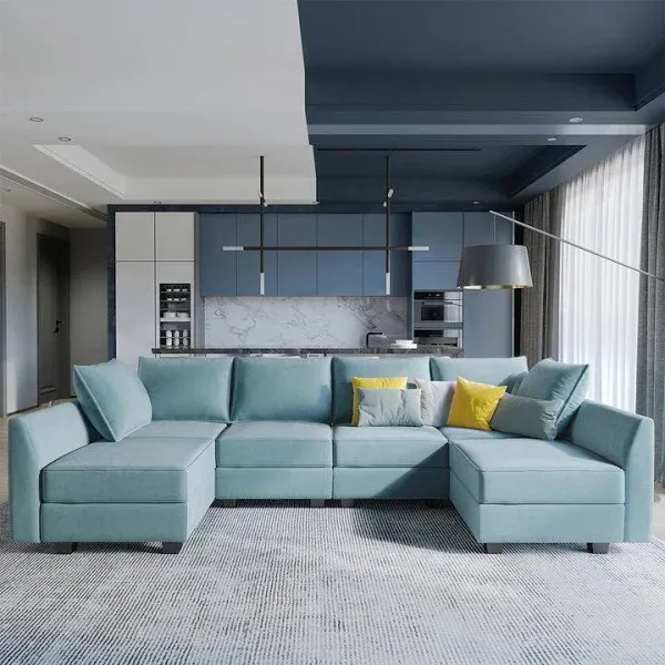 Honbay Polyester Modular Sectional Sofa with Storage Seat, Aqua Blue / U2