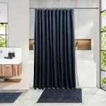 Clara Clark Bamboo Bathroom Accessories Set with Shower Curtain Set, Toilet Brush, Trash Can & Soap Dispenser - Complete Set - Navy Blue